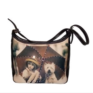 Girl Dog Umbrella Ringtones Black Brown Adjustable Women's Handbag Purse 9"x 10"